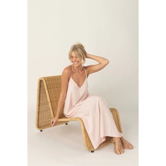 STEVIE AURA Milky Way Light Pink Tencel Twill V-Neck Column Maxi Dress, Size M - Picture 5 of 12